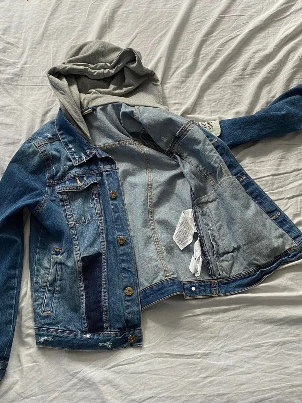 Zara Blue Distressed Denim Jacket with Gray Hood